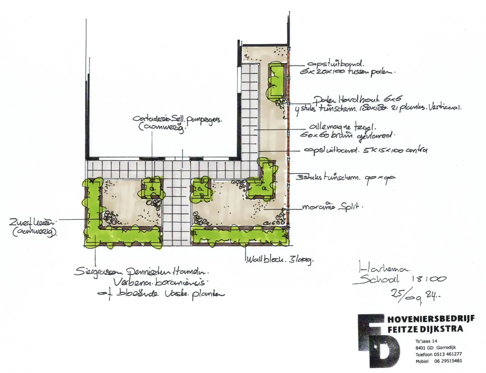 Handgetekend tuinontwerp van Feitze voor de onderhoudsarme voortuin in Harkema, met een recht tegelpad naar de voordeur, verhoogde plantvakken, grind en siergrassen