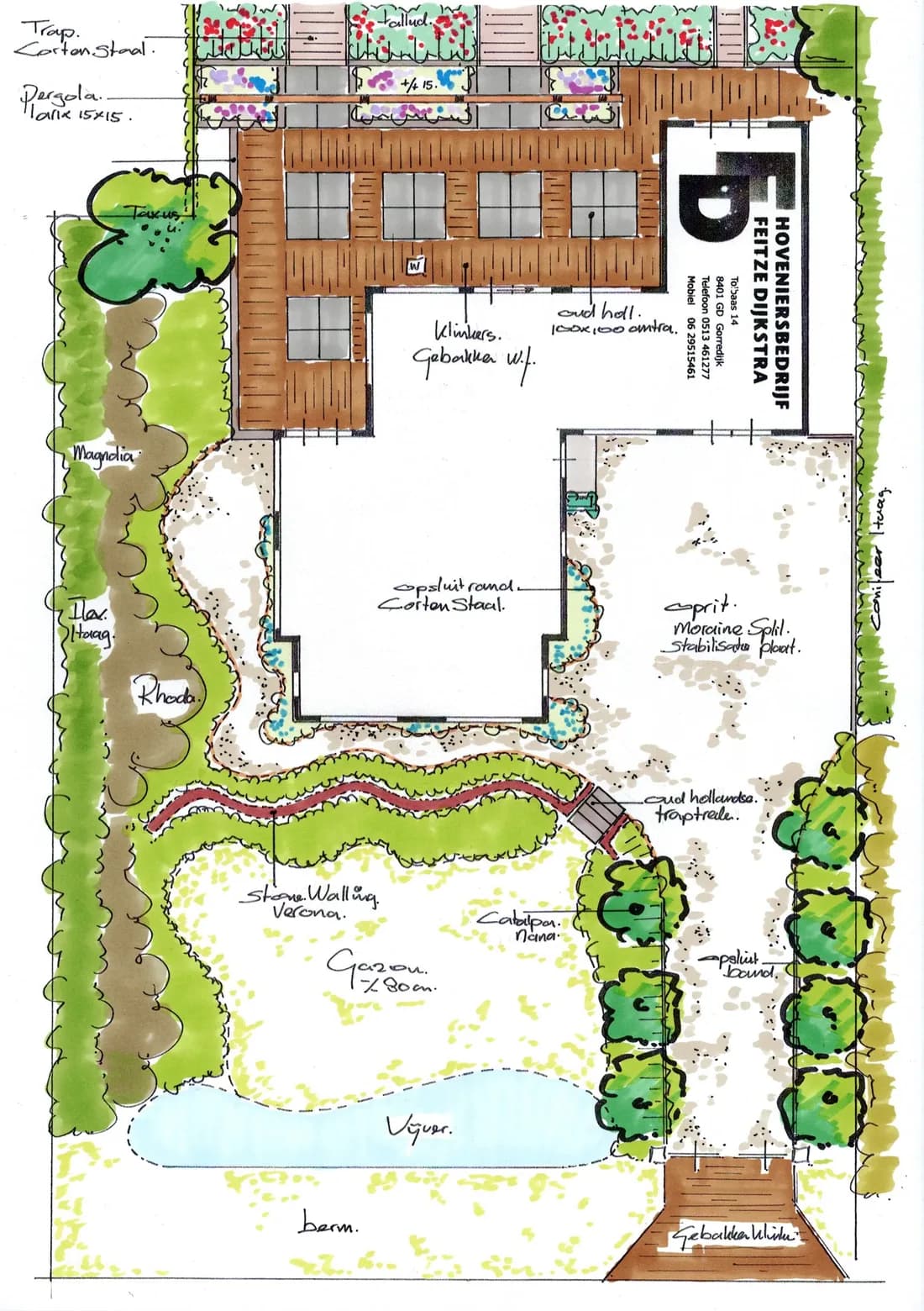 Handgetekend tuinontwerp van Feitze voor de tuinrenovatie in Oldeberkoop, met een terras van oud-Hollandse tegels en klinkers, de trappen naar de lagere tuin, de pergola en borders