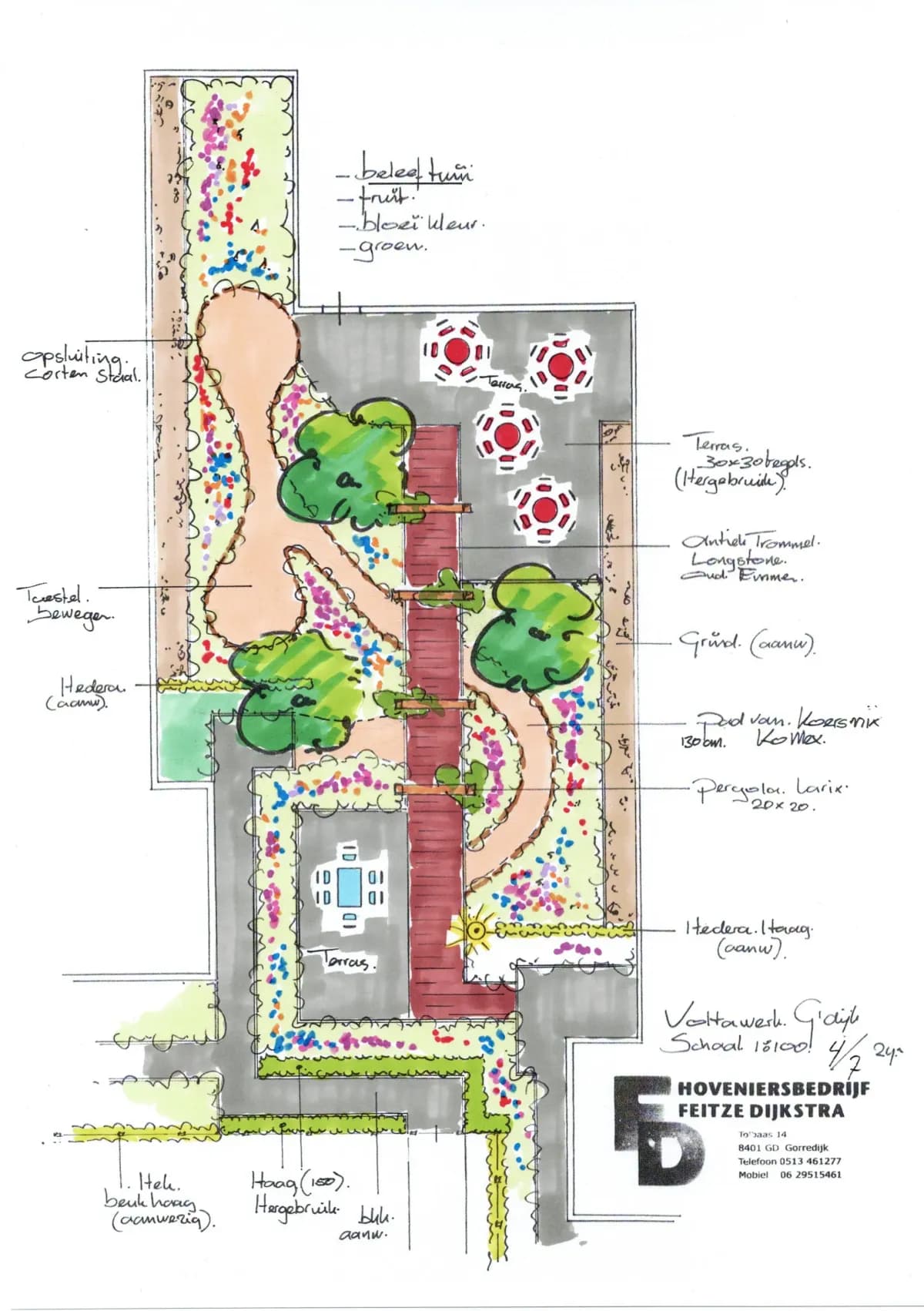 Handgetekend tuinontwerp van Feitze voor de belevingstuin bij Voltawerk in Gorredijk, met slingerende paden, terrassen met tafels, een pergola, kleurrijke borders en bomen