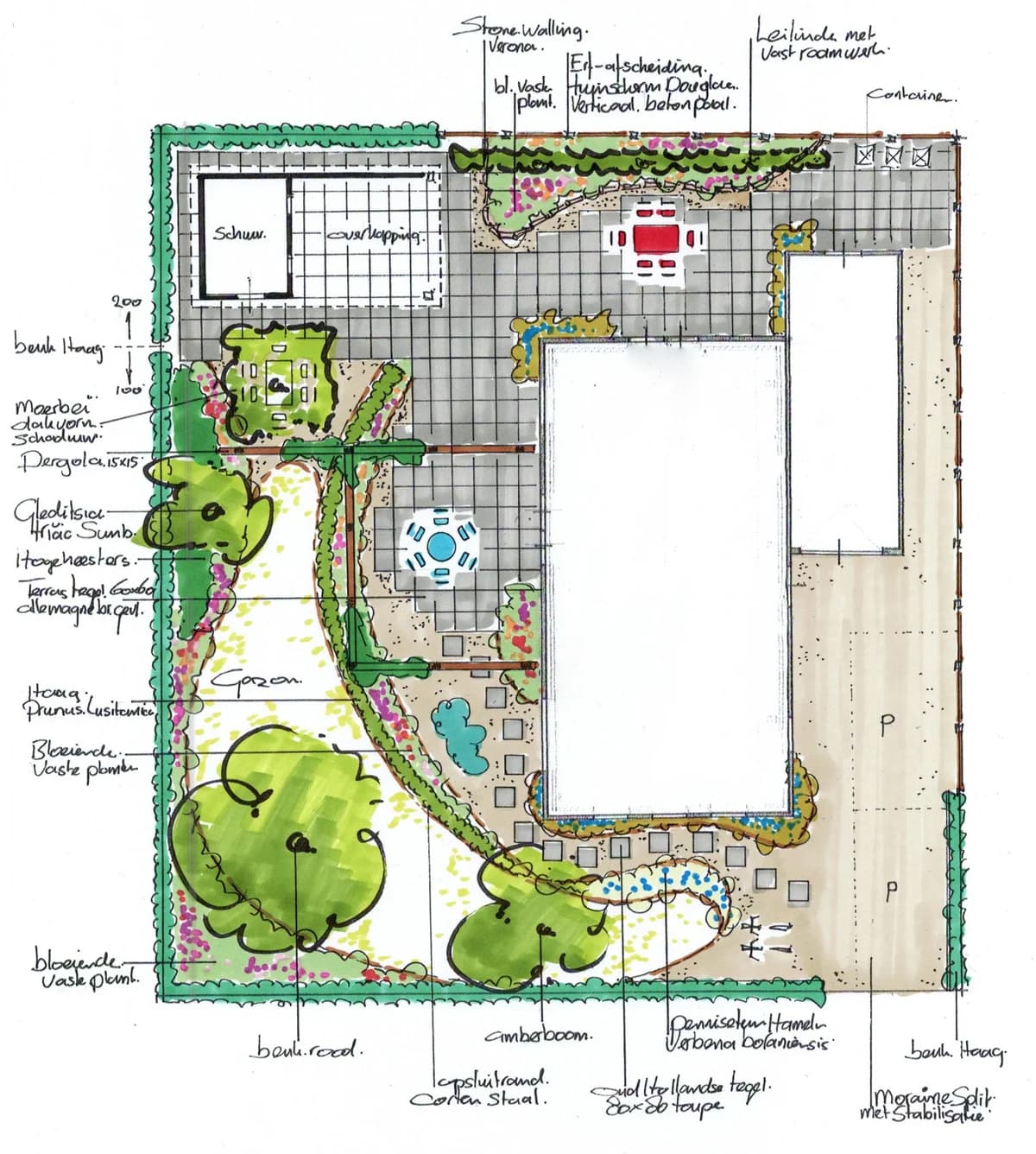 Handgetekend tuinontwerp voor een nieuwbouwtuin in De Vrieswijck in Gorredijk, met terras, gazon, borders, pergola en oprit