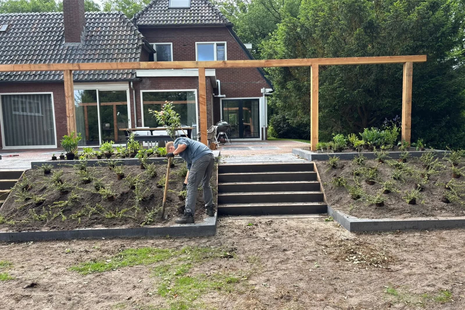 Pergola van douglas boven een verhoogd terras in Oldeberkoop, met een trap van donkere treden. Een hovenier zet de planten in het talud ernaast