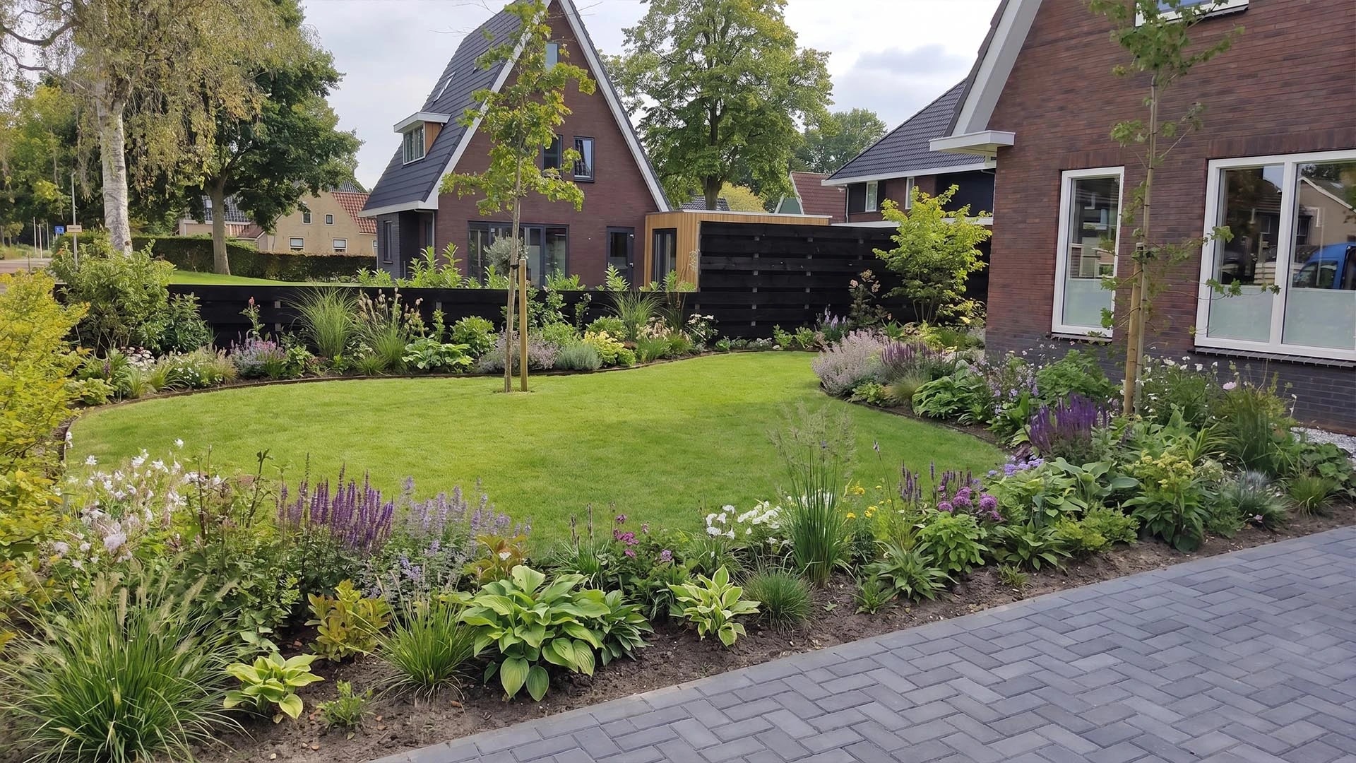 Aangelegde tuin in Lippenhuizen met een ronde gazonvorm, bloeiende borders met vaste planten en klinkers in visgraat langs de rand