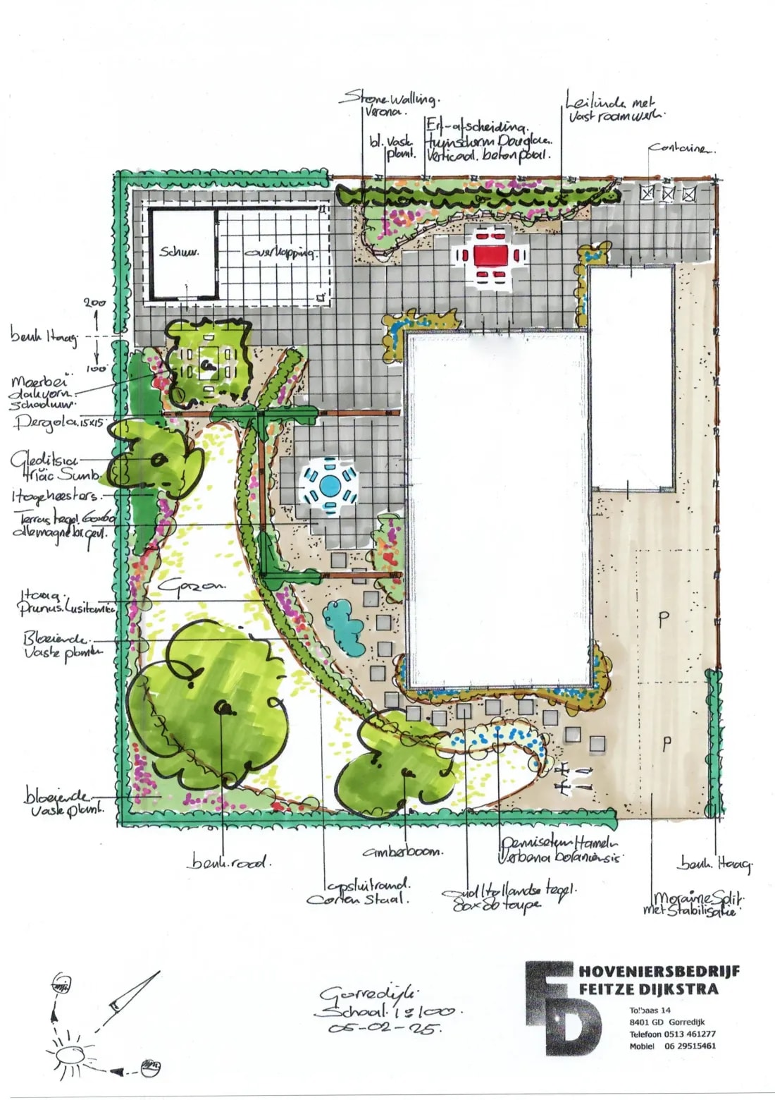 Handgetekend tuinontwerp van Feitze voor deze tuin, met gazon, grindpaden, terrassen, een schuur met overkapping, een pergola, bomen en borders