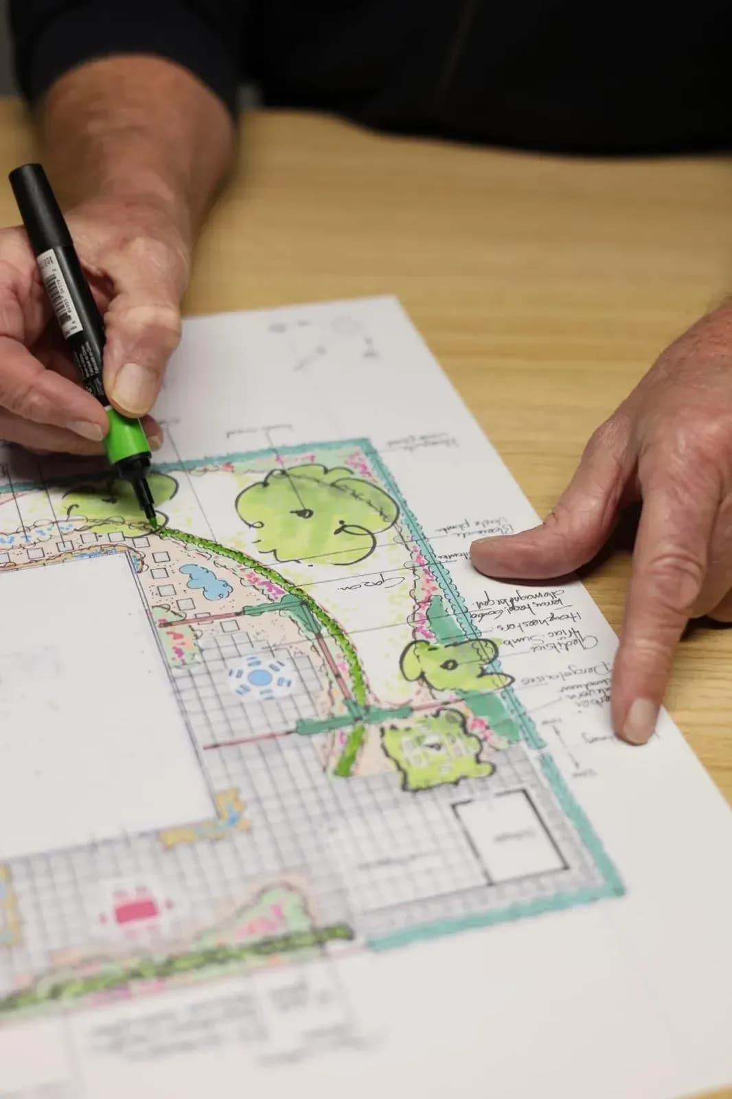 Een hand kleurt met een groene stift een getekend tuinontwerp in, met bomen, gazon, een terras en een gebogen haag