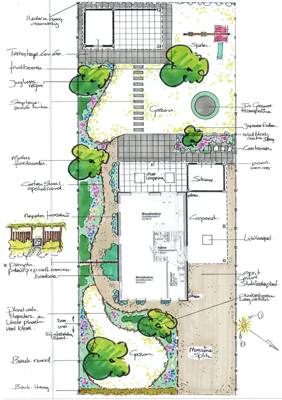 Handgetekend tuinontwerp van Feitze voor de tuin in Lippenhuizen, met gazon, borders, terras en beplanting