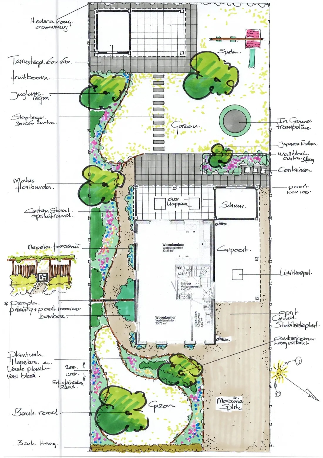 Handgetekend tuinontwerp van Feitze voor deze familietuin, met twee gazons, staptegels, een trampoline, fruitbomen, bestrating en borders