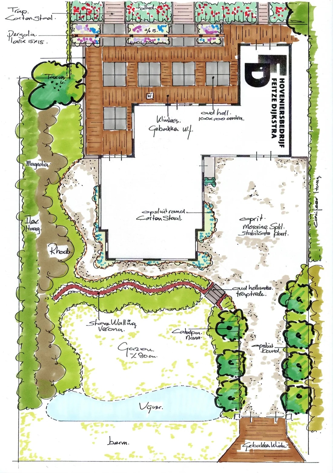 Handgetekend tuinontwerp van Feitze voor deze tuin, met een terras van oud-Hollandse tegels en gebakken klinkers, de trappen naar de lagere tuin, de pergola, een gazon en een vijver